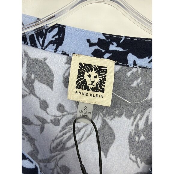 Anne Klein Size S Floral Split Neck Blouse Navy Light Blue Button Tab Sleeve New - Picture 2 of 6